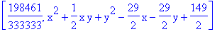 [198461/333333, x^2+1/2*x*y+y^2-29/2*x-29/2*y+149/2]